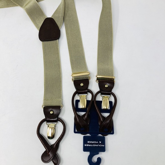 Roundtree & Yorke Tan‎ Stretch W/Brown Full Grain Cowhide Button Suspenders NEW - Picture 1 of 8
